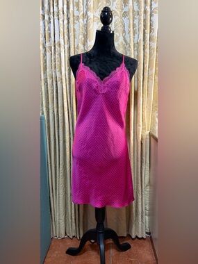 Victoria’s Secret Pink Polka Dot Satin Slip Dress Eyelash Lace Trim Medium 2021